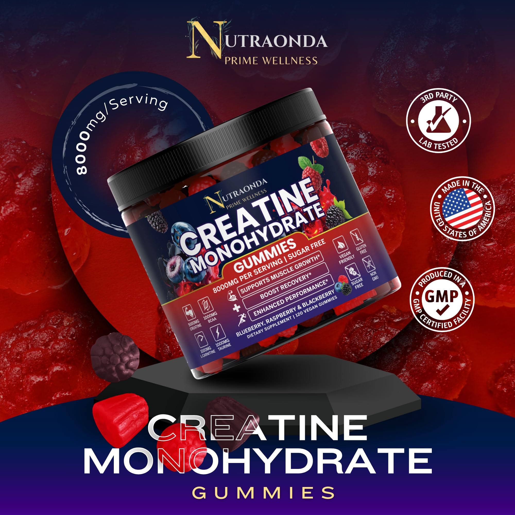 Nutraonda gummies bottle side shows vegan, gluten-free label for reassurance.