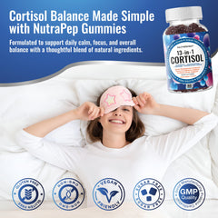 NutraPep Cortisol Gummies bottle back with ingredients and 60 gummies.