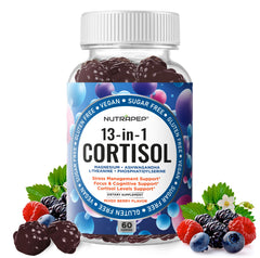 NutraPep Cortisol Gummies bottle front showing mixed berry flavor and vegan formula.