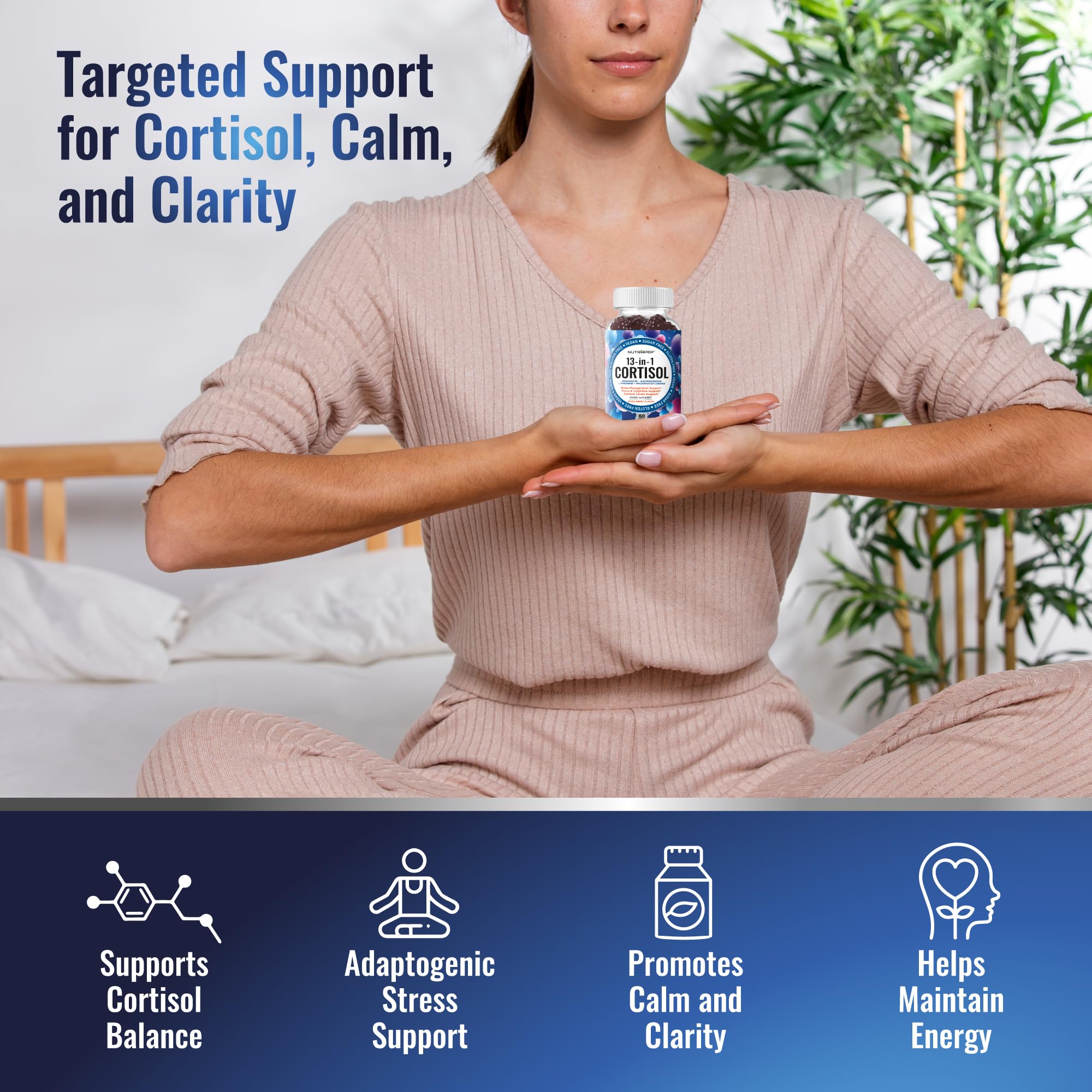 NutraPep Cortisol Gummies on a nightstand for wind‑down support.