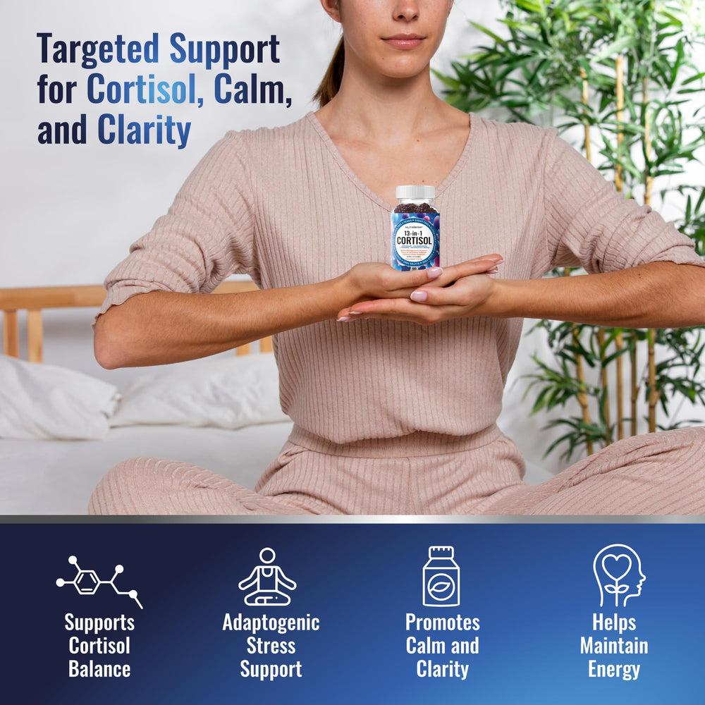 NutraPep Cortisol Gummies on a nightstand for wind‑down support.