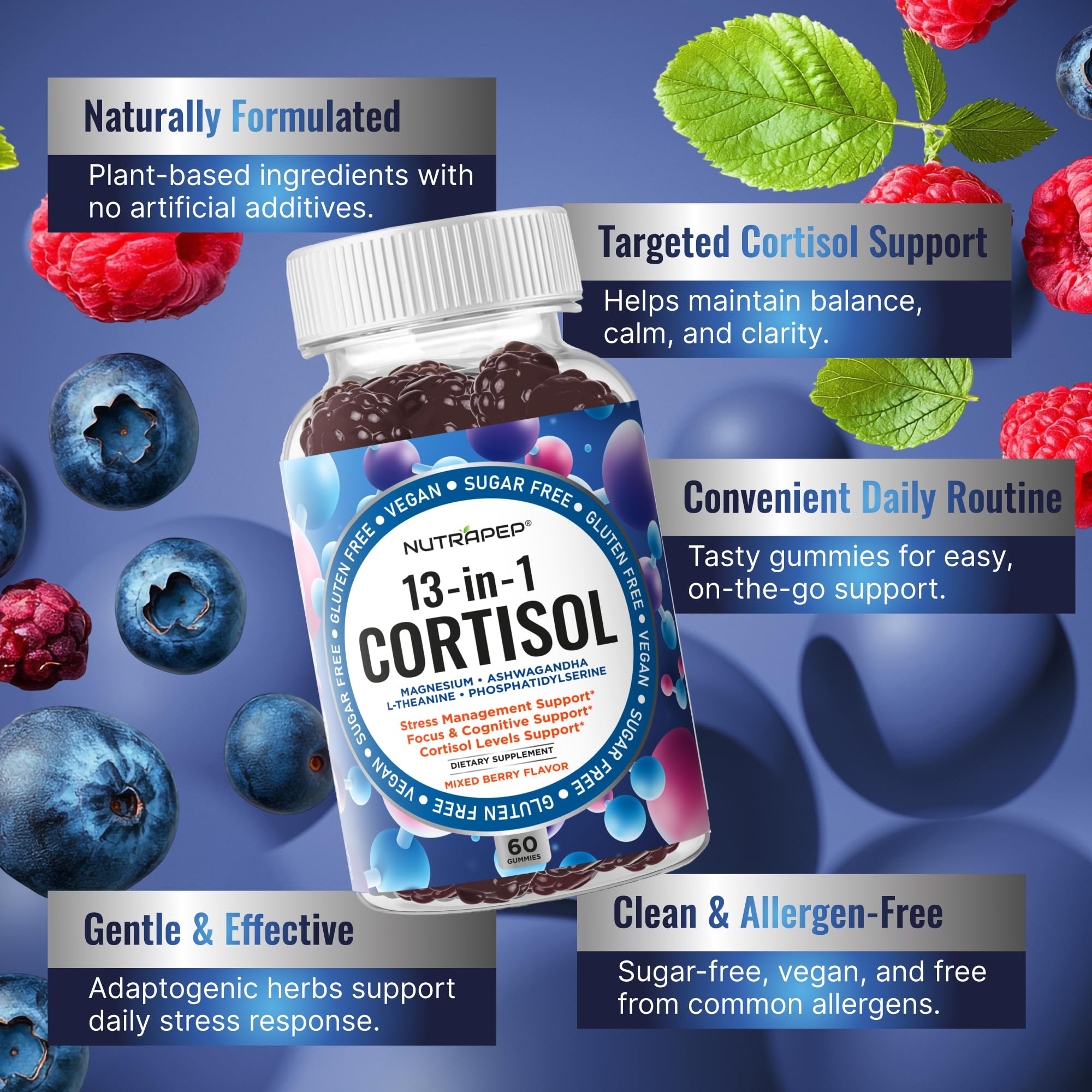 Close-up of NutraPep Cortisol Gummies soft chews for daily use.