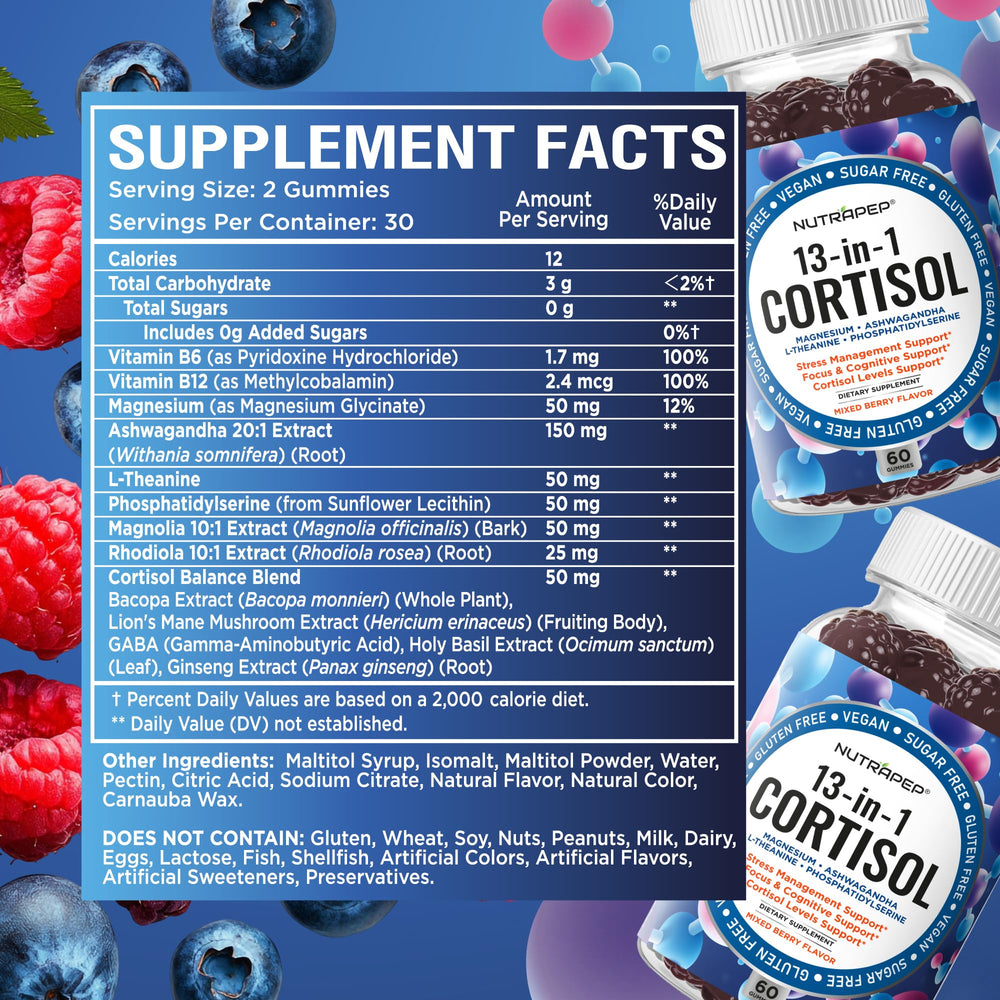 NutraPep Cortisol Gummies label emphasizes vegan and sugar‑free ingredients.