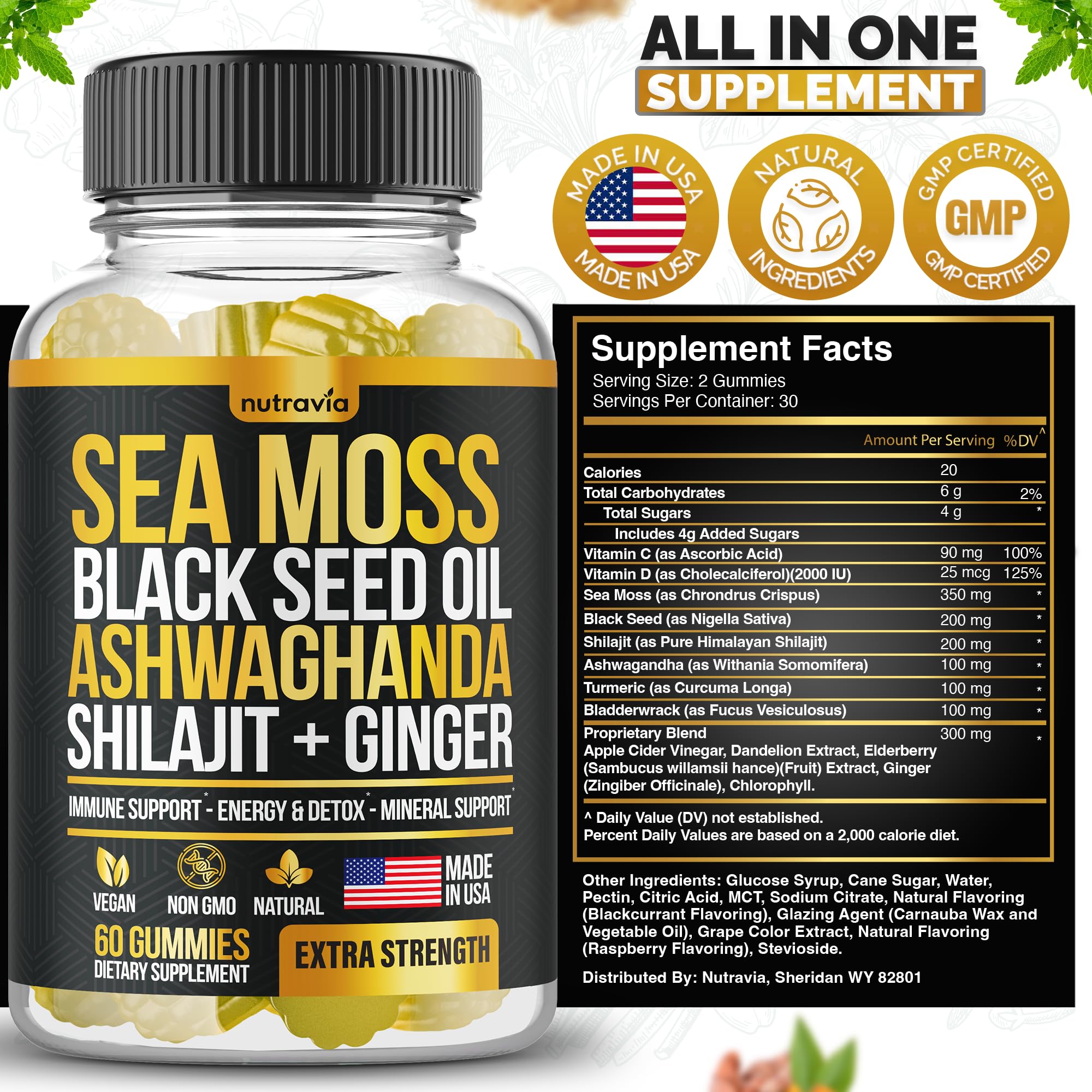 Nutravia Bladderwrack Burdock Root gummies image emphasizes plant-based nutrition.