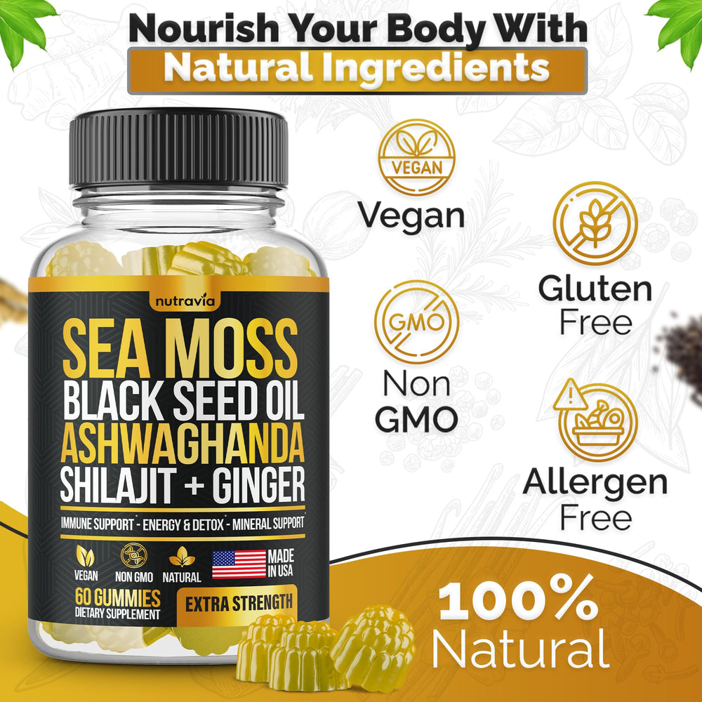 Nutravia Sea Moss and Black Seed Gummies pack for convenient daily nourishment.