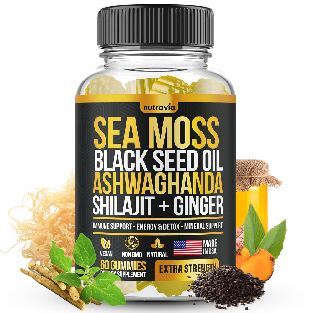 Nutravia Sea Moss Gummies bottle highlighting an all-in-one wellness blend for daily support.