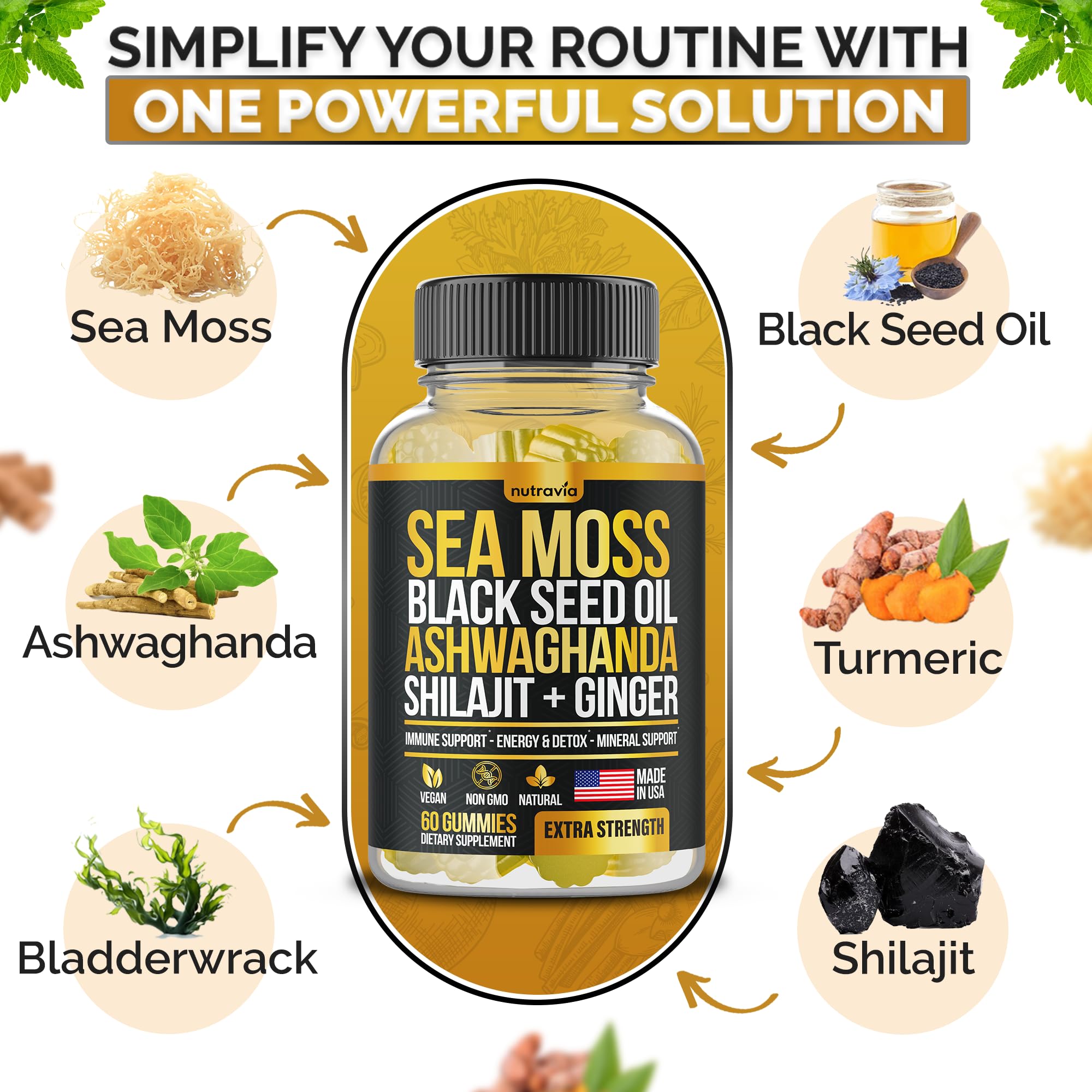 Nutravia Shilajit Elderberry gummies close-up signaling immune-friendly daily routine.