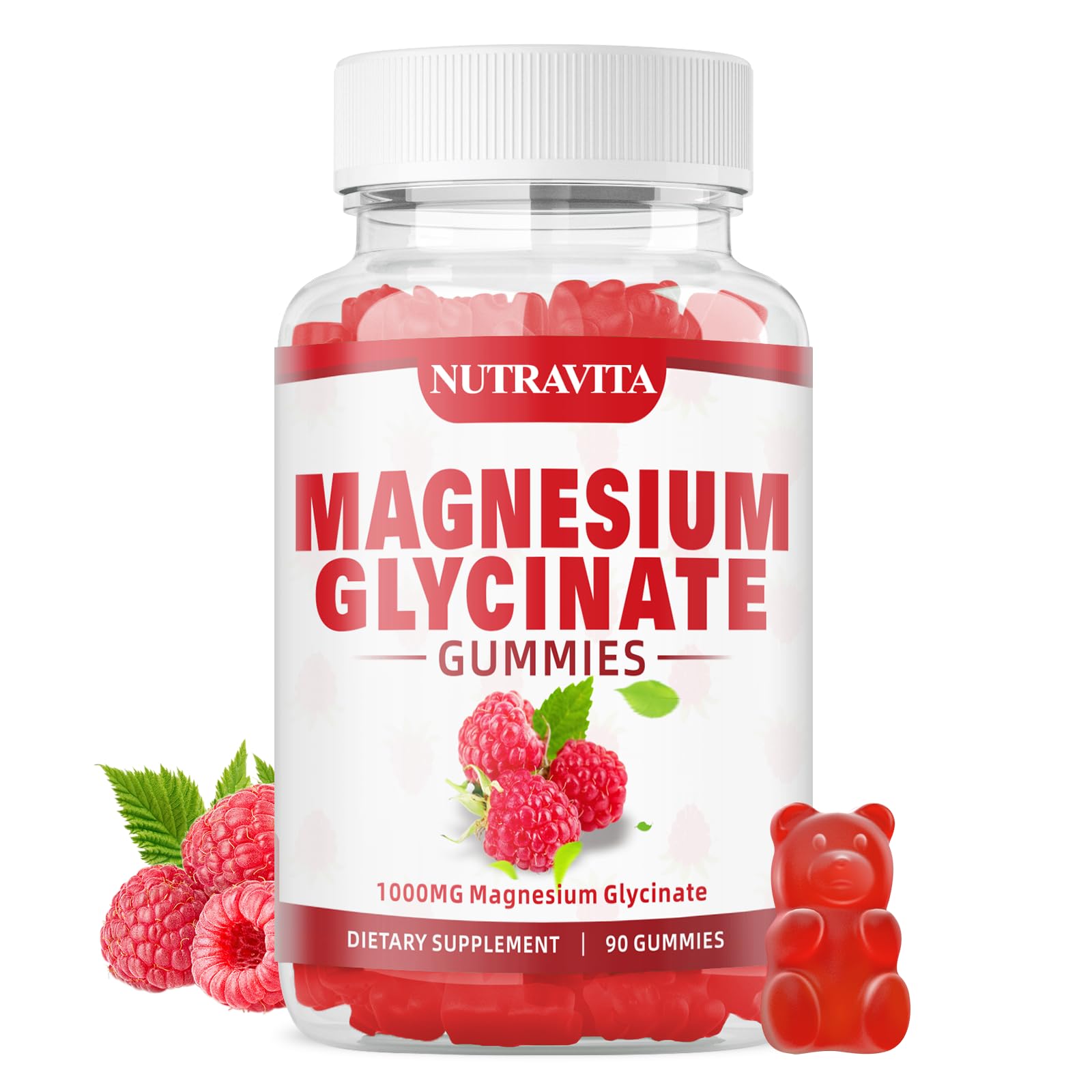 Nutravita Magnesium Glycinate Gummies raspberry flavor close-up highlights taste.