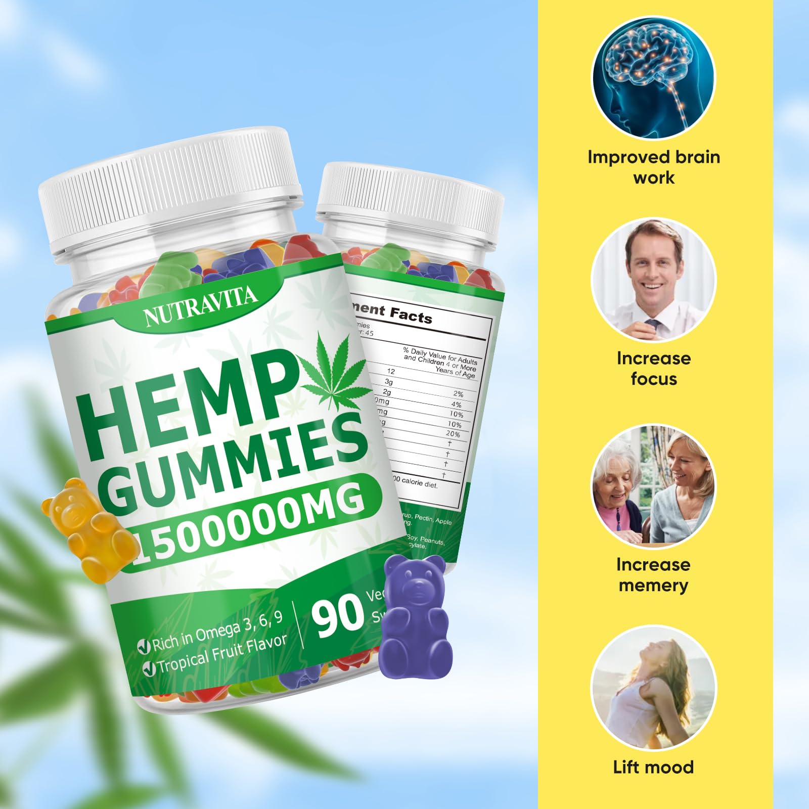 Nutravita Naturals Fruit Hemp Gummies sit beside a glass of water for an easy routine.
