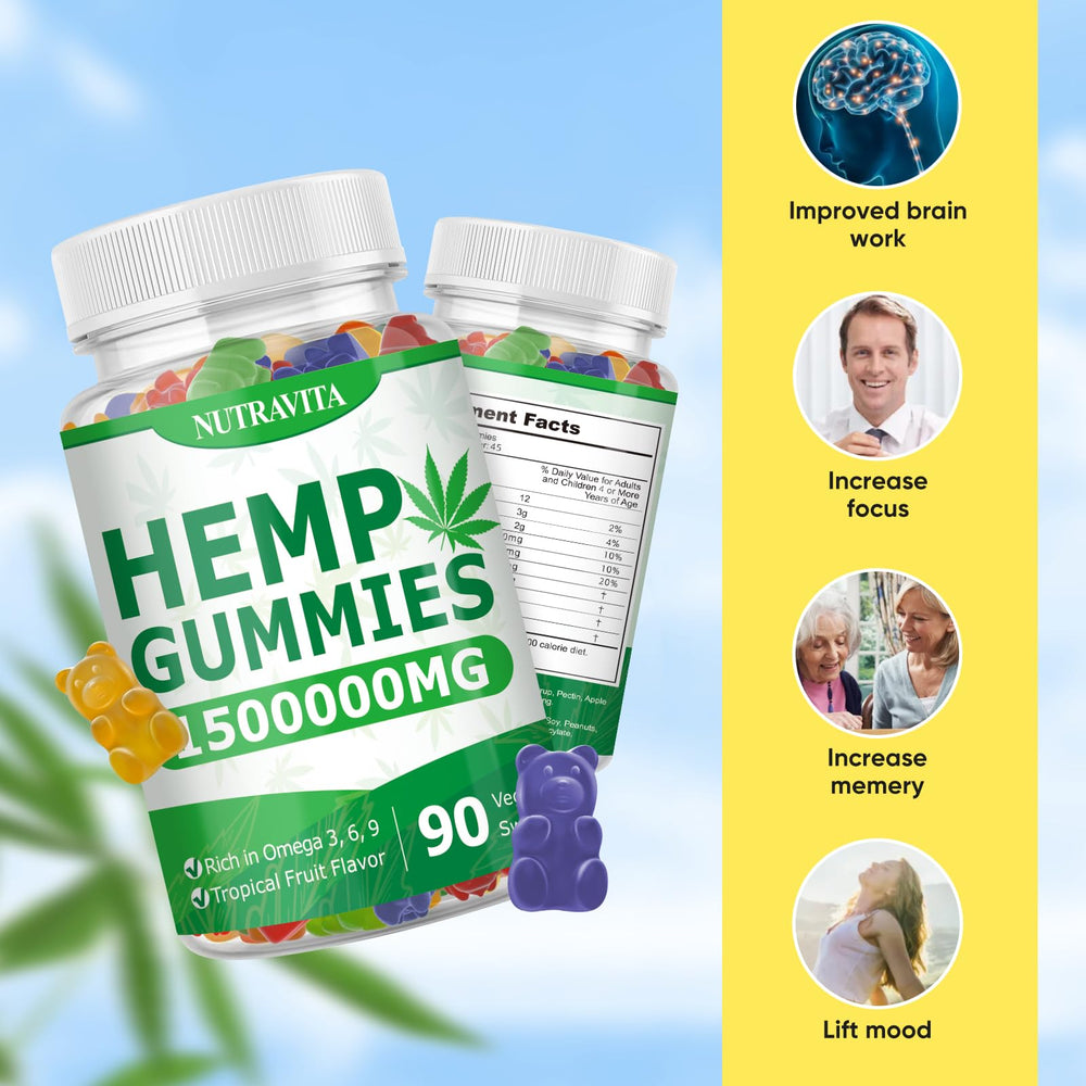 Nutravita Naturals Fruit Hemp Gummies sit beside a glass of water for an easy routine.