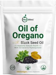NutraVora Oil of Oregano with Black Seed Oil bottle label highlights premium dual-action formula for daily wellness.