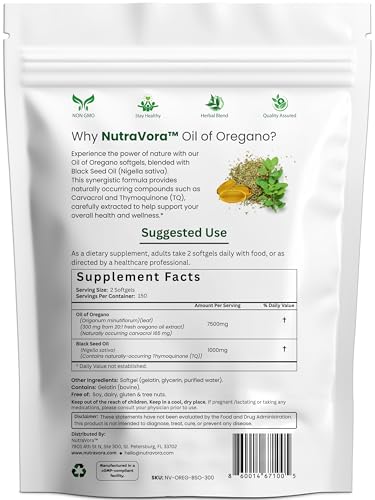 NutraVora Oil of Oregano with Black Seed Oil softgels pack highlights convenient twice-daily capsules for busy lifestyles.