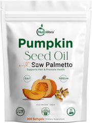 NutraVora pumpkin seed oil with saw palmetto softgels bottle close-up for daily men's wellness