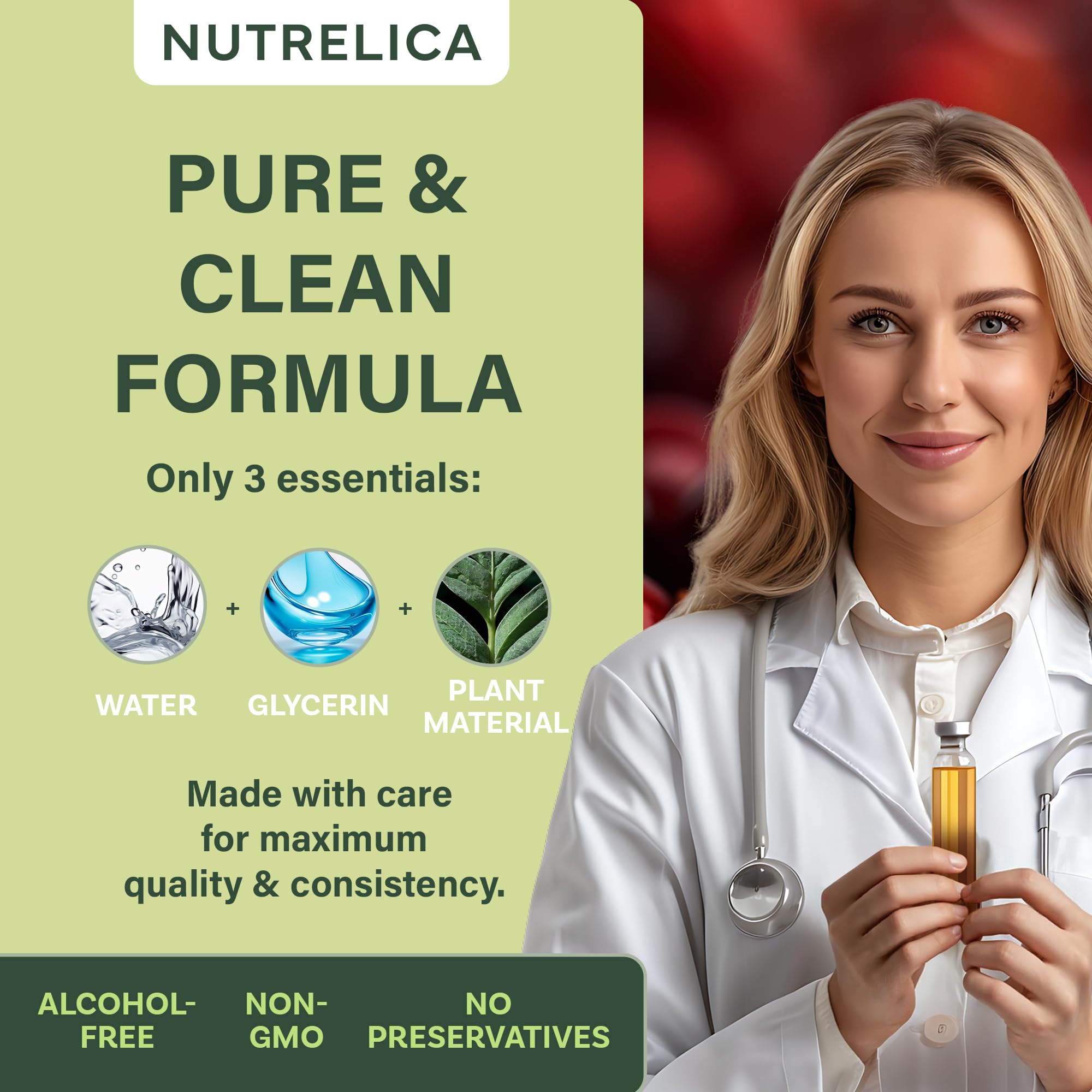 NUTRELICA dropper closeup emphasizes precise dosing for consistent use.