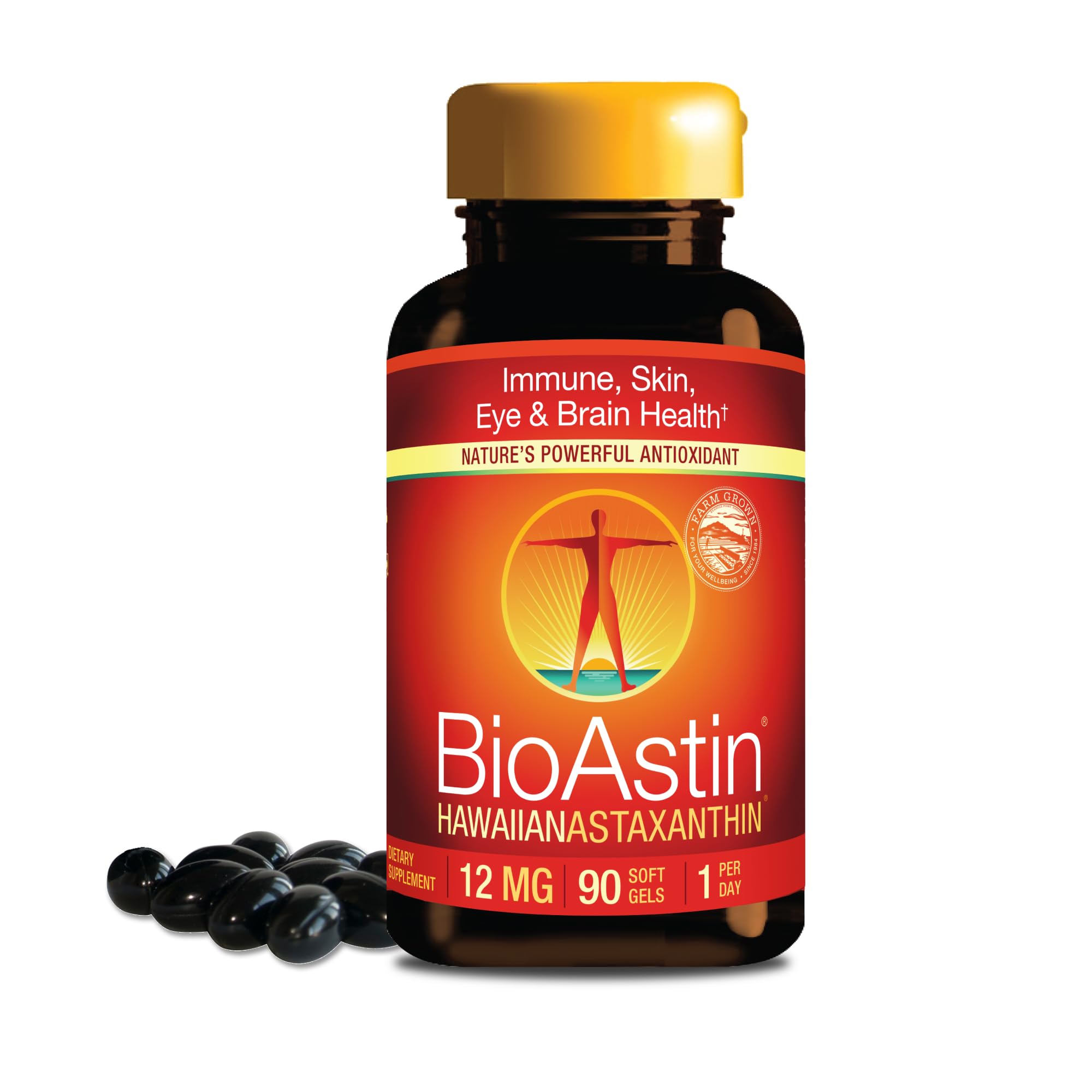 Nutrex BioAstin bottle front view, daily antioxidant supplement for overall wellness.