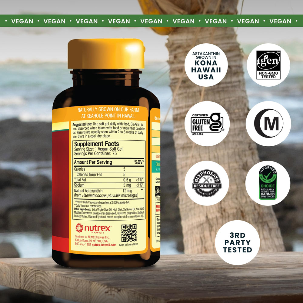 Nutrex Hawaii BioAstin bottle-label highlights full-spectrum carotenoids and allergen info.