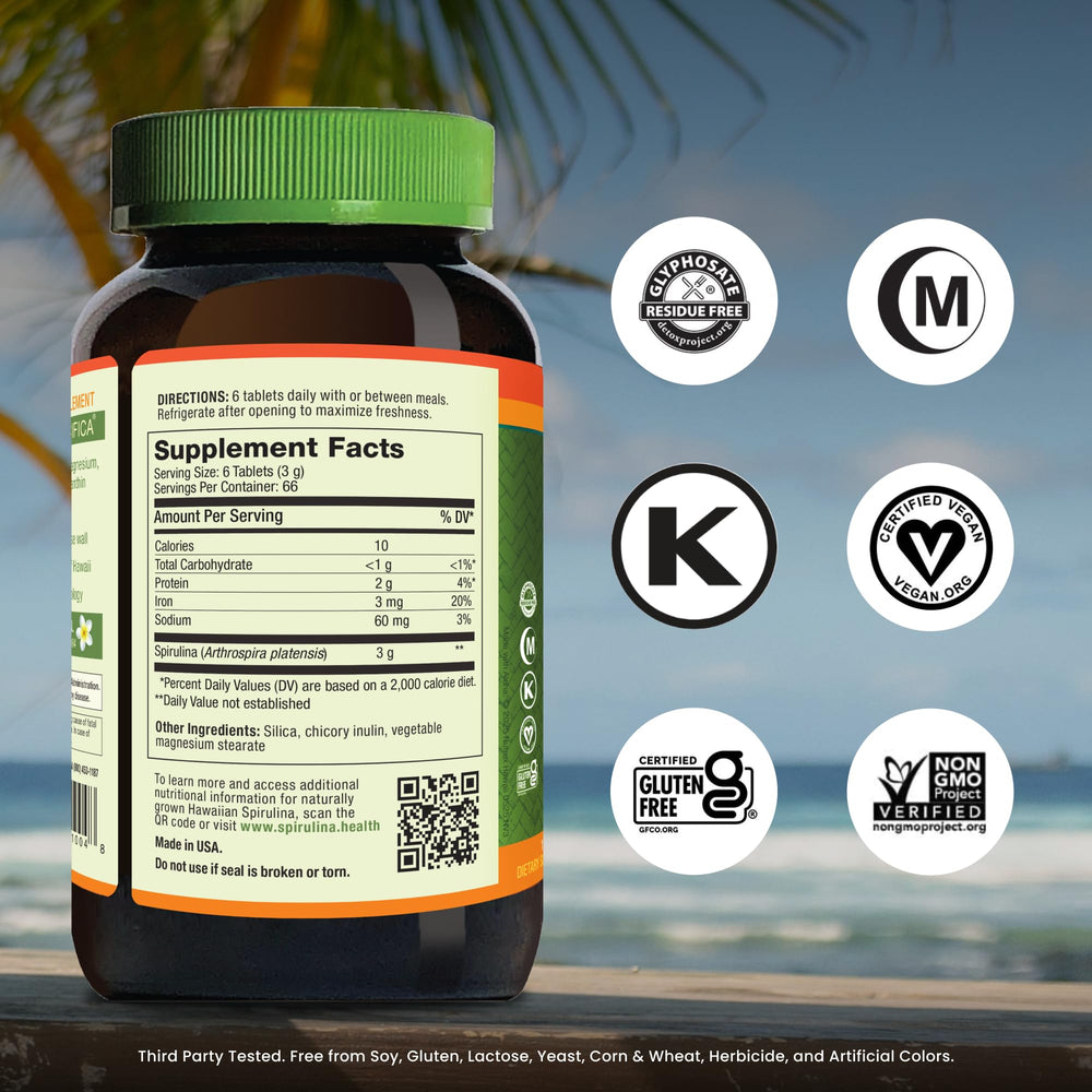Nutrex Hawaii Spirulina bottle label emphasizes non-GMO and Kona farming origin.