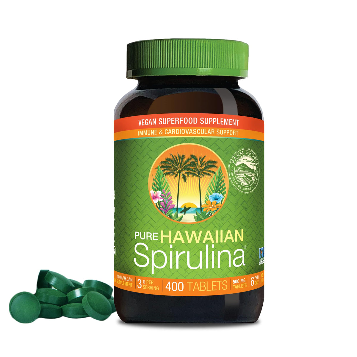 Nutrex Hawaii Spirulina tablets in bottle showing daily antioxidant support.