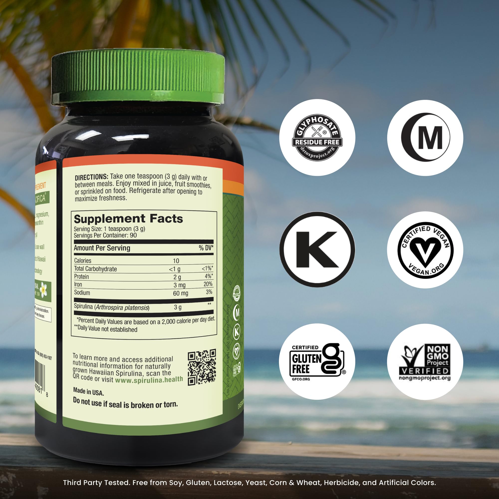 Jar of Nutrex Hawaii spirulina powder showing vibrant dark-green greens for smoothies