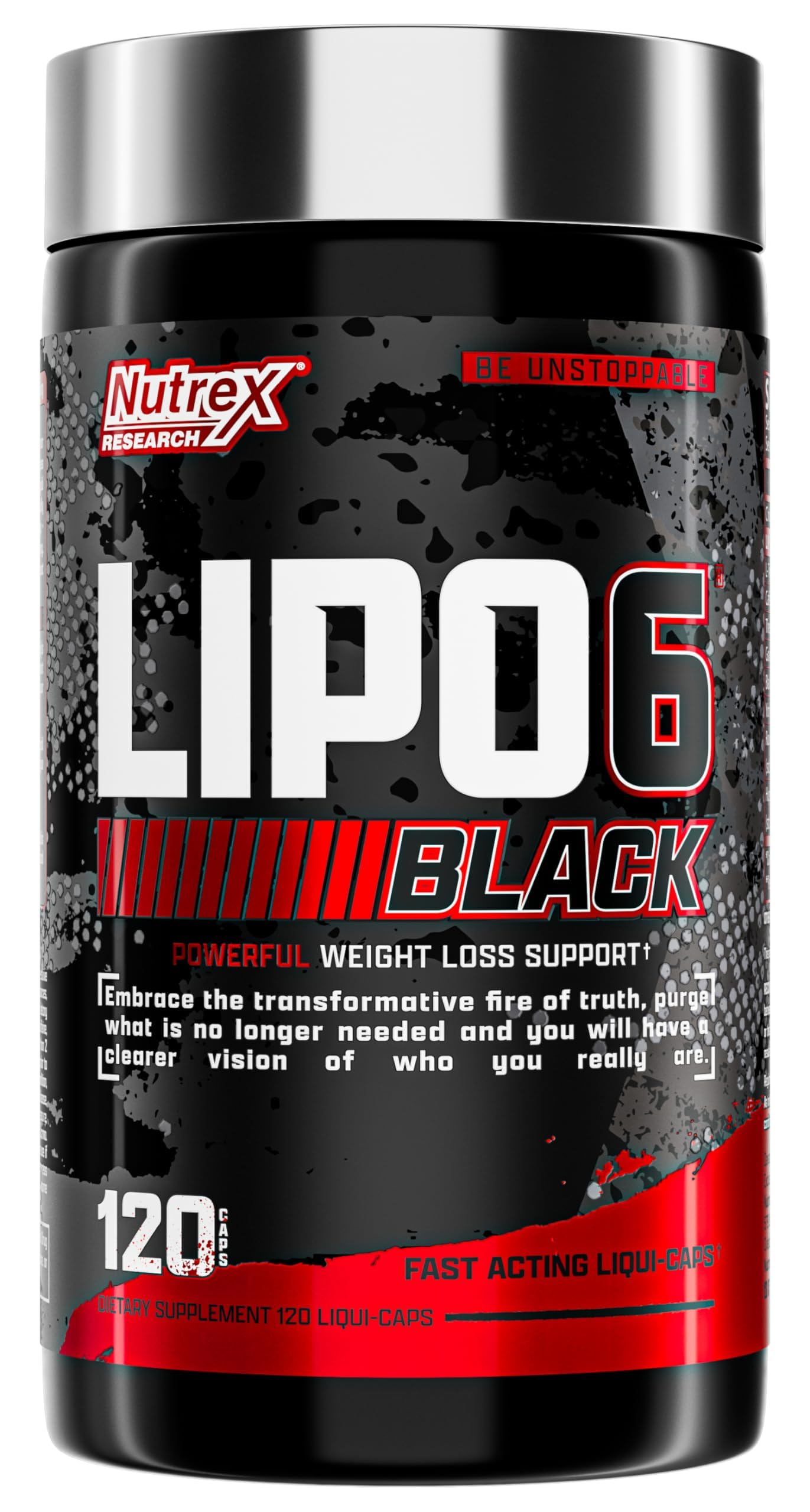 Nutrex Lipo-6 Black Max bottle front with bold branding and high-energy formula.