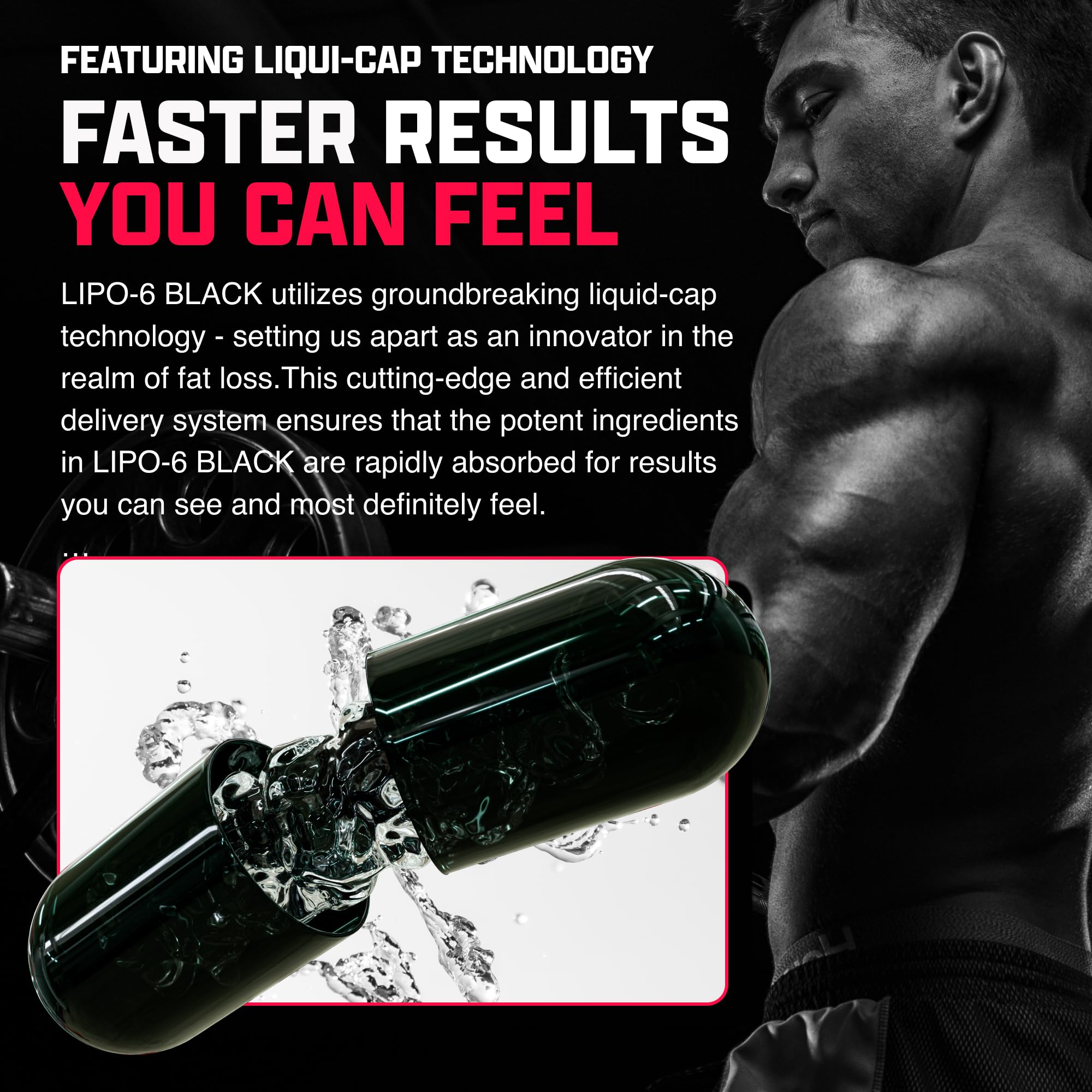 Close-up of Nutrex Lipo-6 Black Max capsules highlighting rapid absorption.