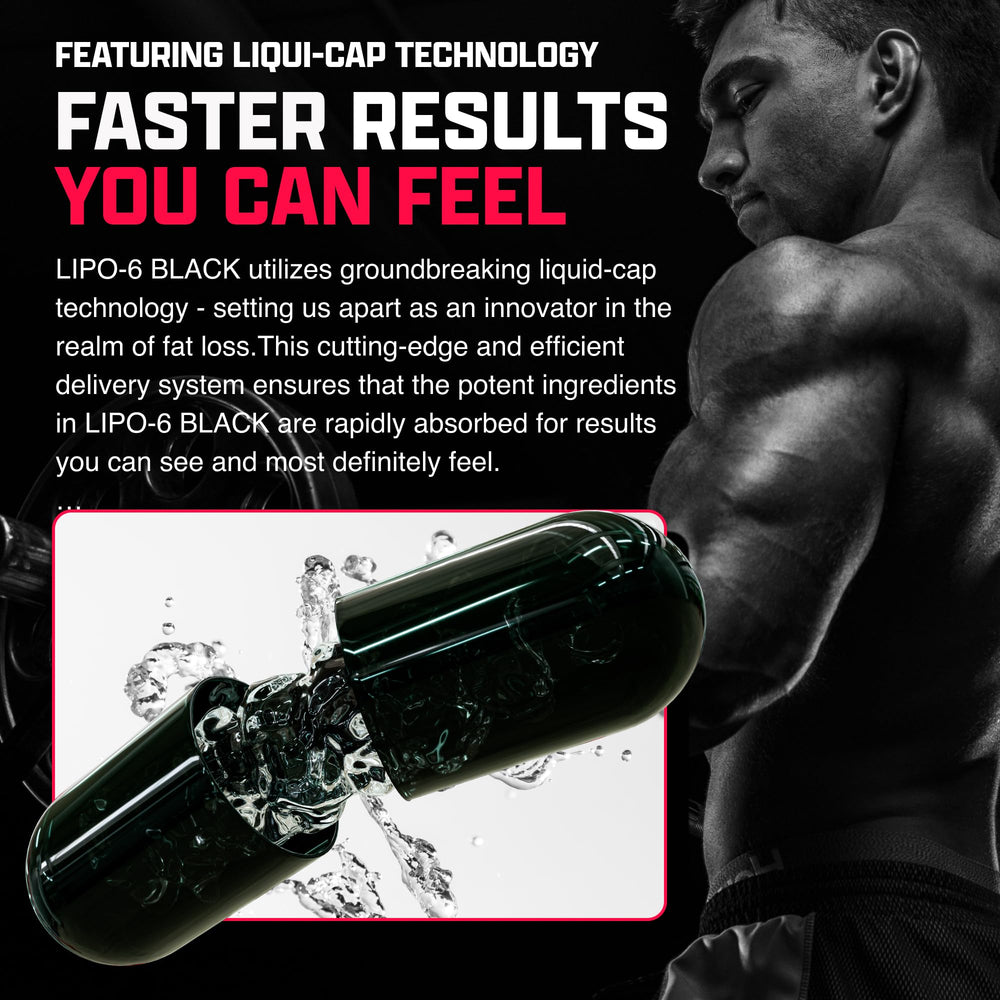 Close-up of Nutrex Lipo-6 Black Max capsules highlighting rapid absorption.
