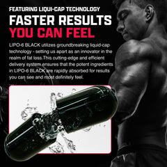 Close-up of Nutrex Lipo-6 Black Max capsules highlighting rapid absorption.