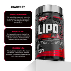 Nutrex Lipo-6 Black Max capsules in hand for on-the-go energy and focus.