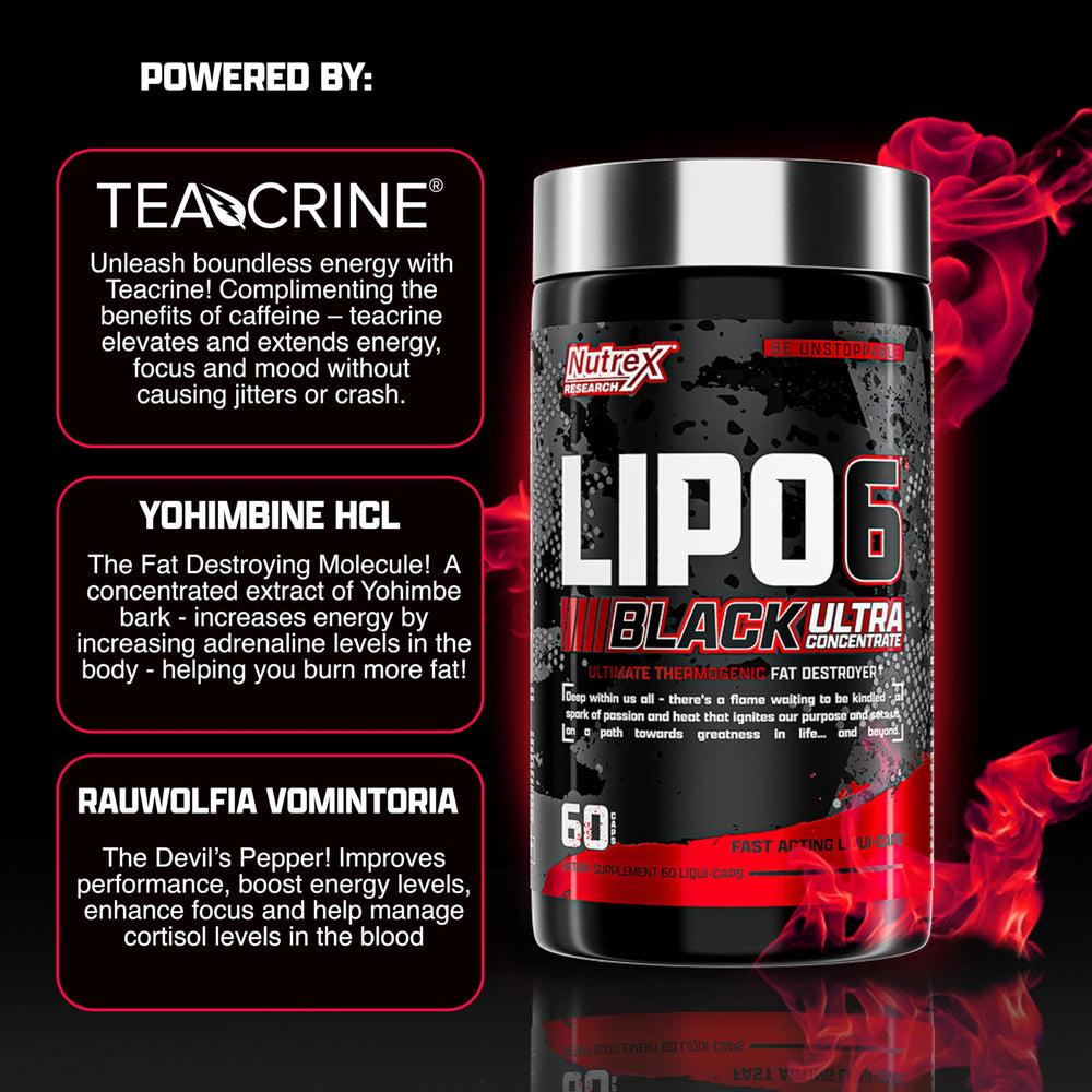 Nutrex Lipo-6 Black Ultra Concentrate thermogenic action boosts energy and focus during workouts.
