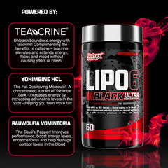 Nutrex Lipo-6 Black Ultra Concentrate thermogenic action boosts energy and focus during workouts.