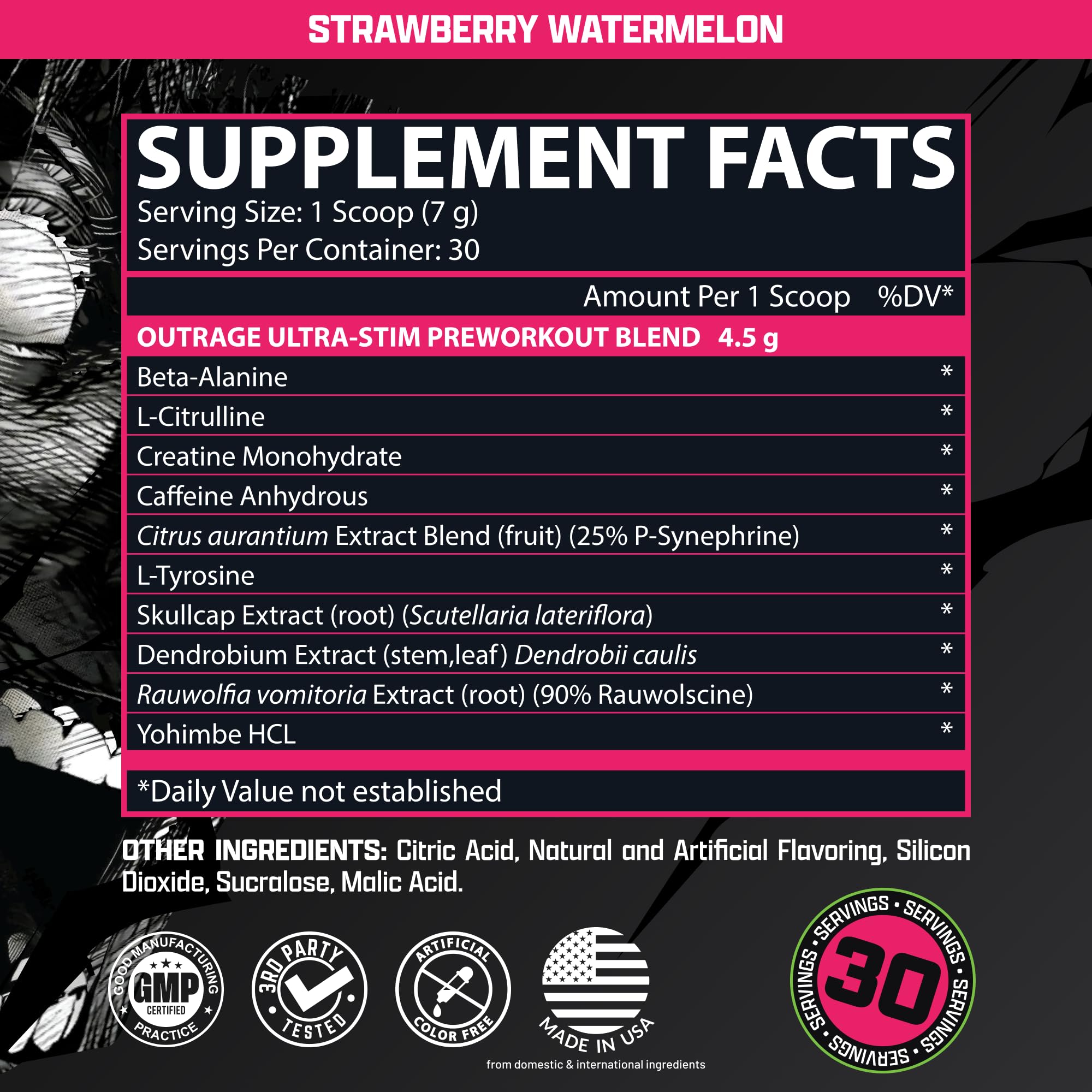 Close-up of Nutrex Outrage label highlighting caffeine and performance ingredients