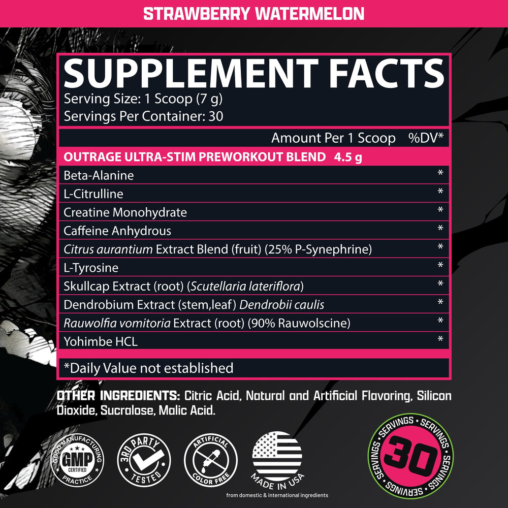 Close-up of Nutrex Outrage label highlighting caffeine and performance ingredients