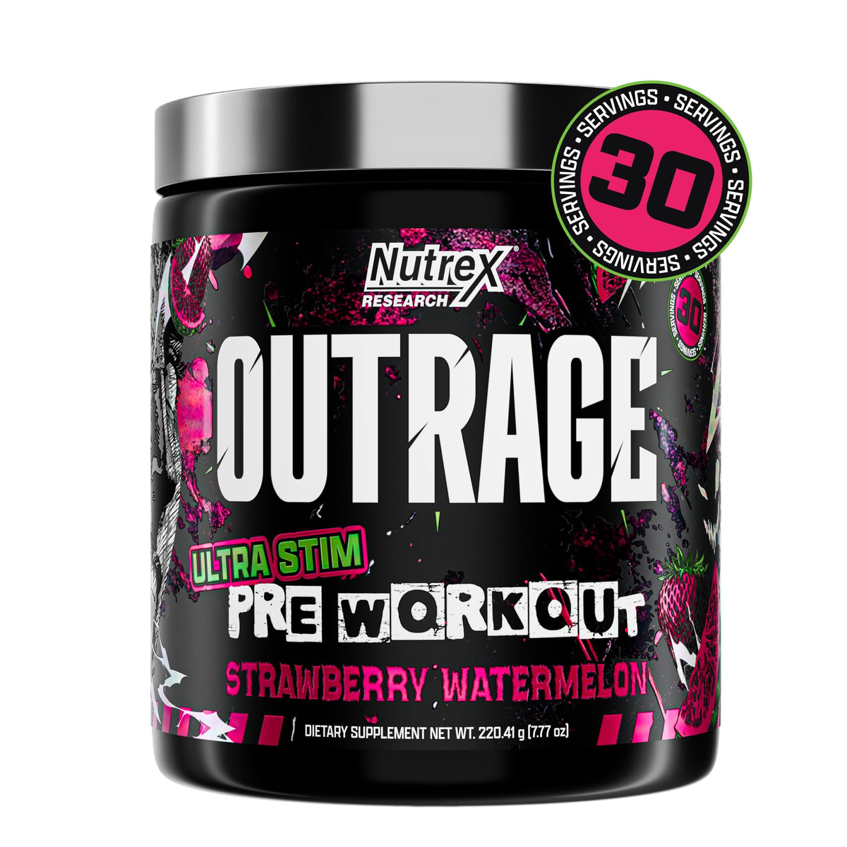 Nutrex Outrage pre-workout bottle with bold packaging signaling high-stim energy