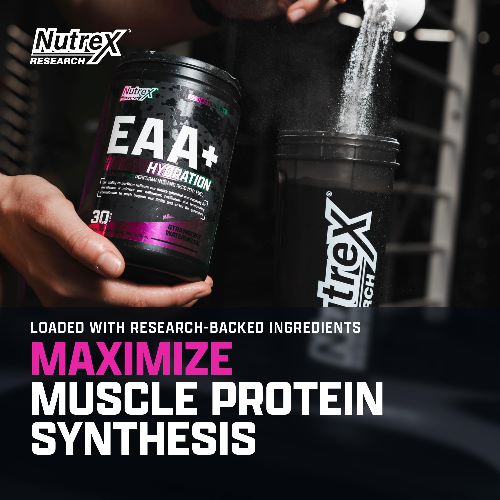 Nutrex Research EAA Hydration glass filled with strawberry watermelon drink during training