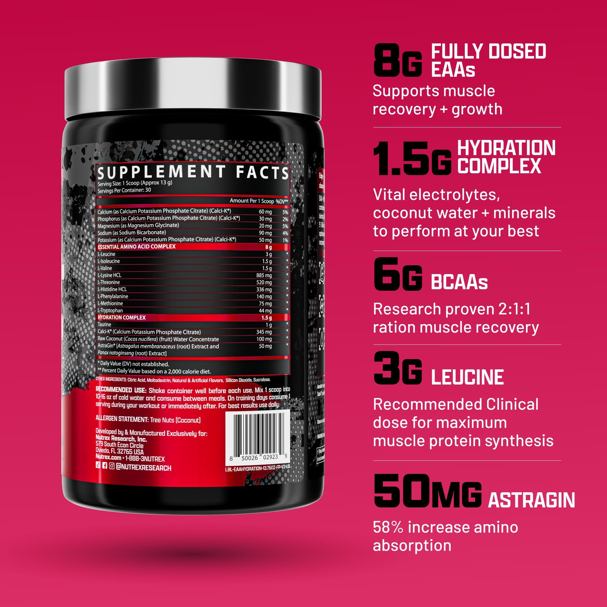 Nutrex Research EAA Hydration powder scoop showing easy-to-measure serving