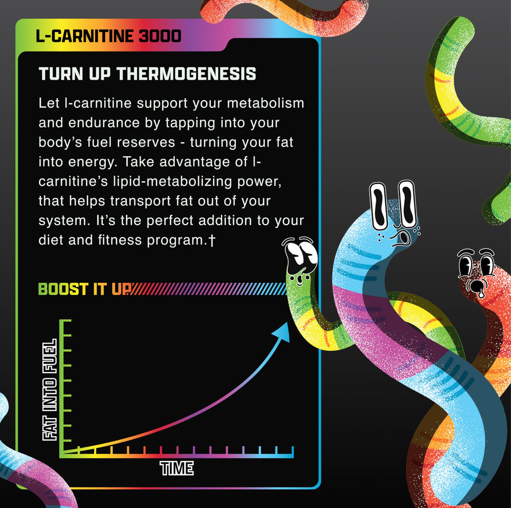 Nutrex Research Liquid L Carnitine 3000 flavor close-up showcases Sour Gummy Worms taste.