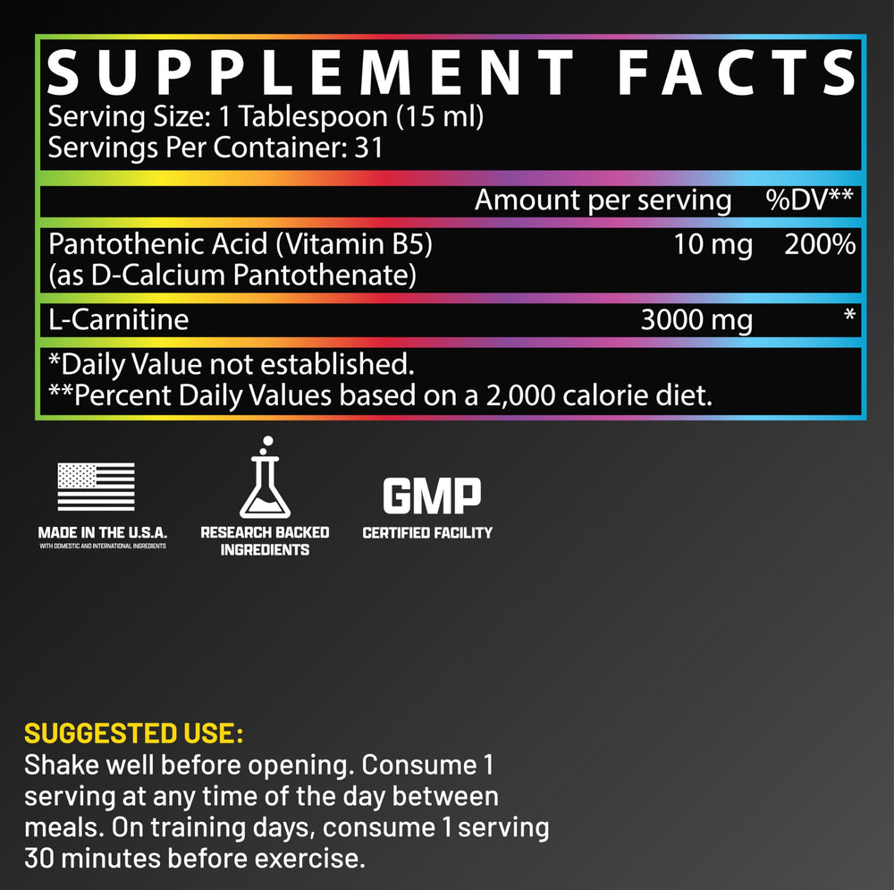 Nutrex Research Liquid L Carnitine 3000 nutrition label close-up with disclosed ingredients.
