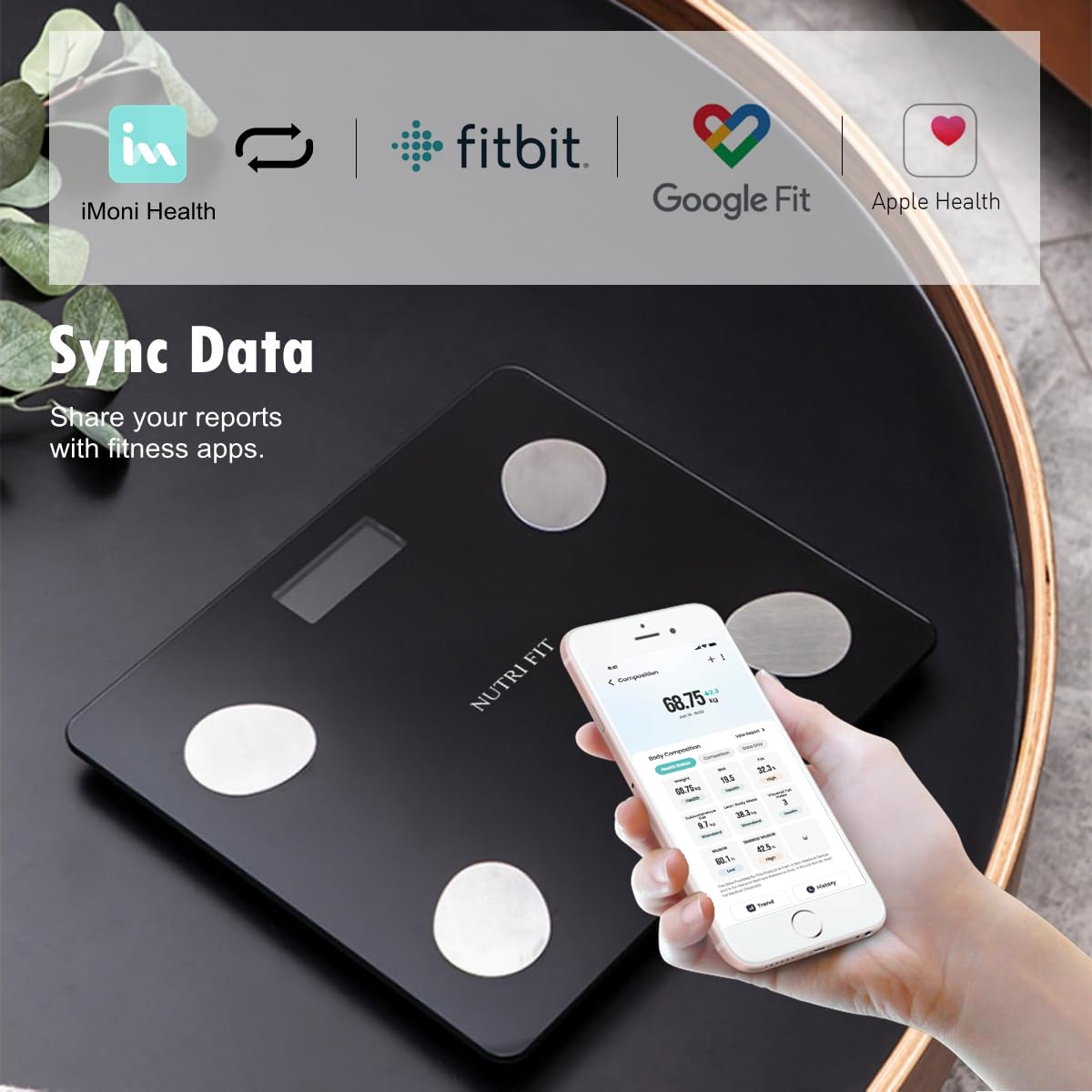 NUTRI FIT Scale Bluetooth sync connects to iMoni Health, Apple Health, or Google Fit.