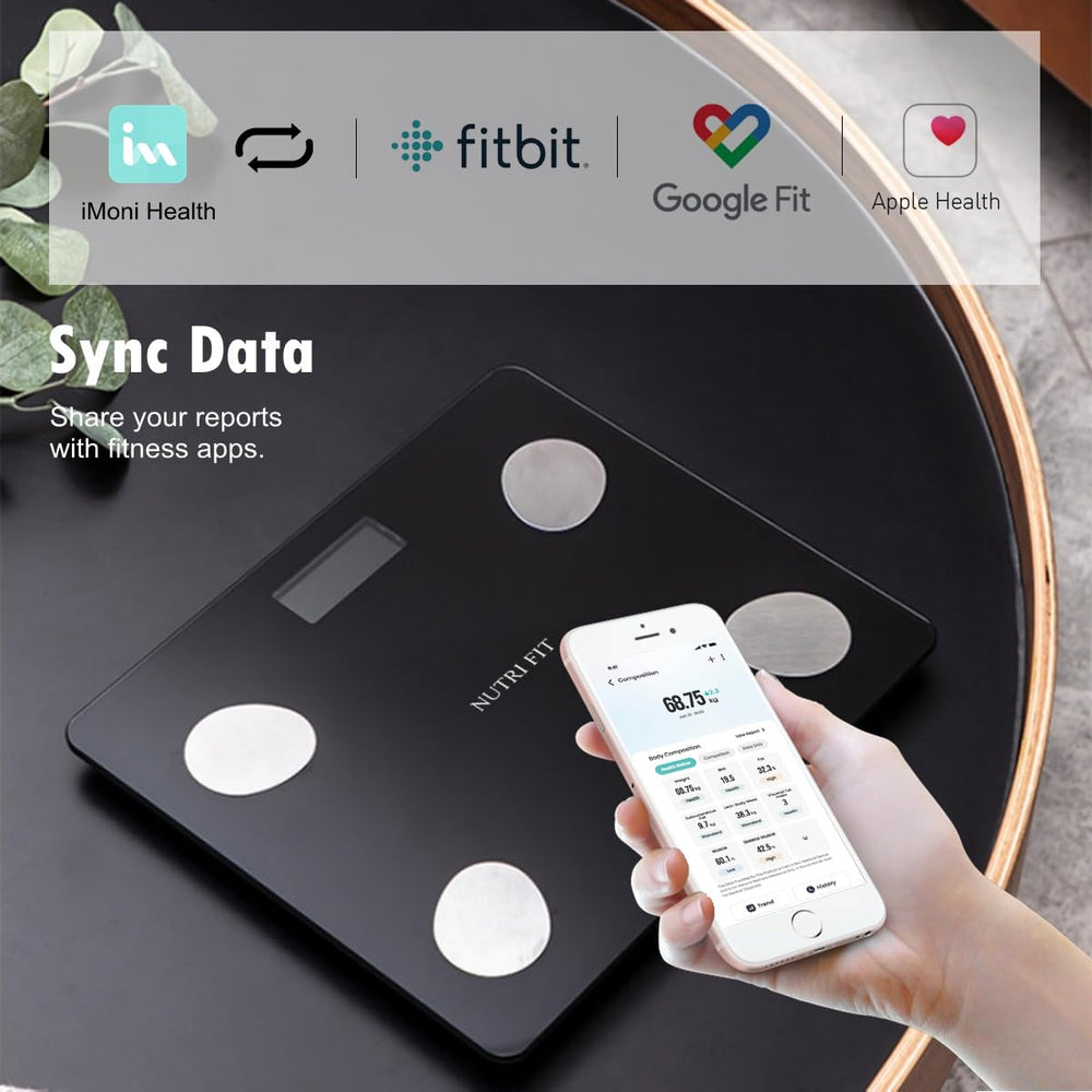 NUTRI FIT Scale Bluetooth sync connects to iMoni Health, Apple Health, or Google Fit.