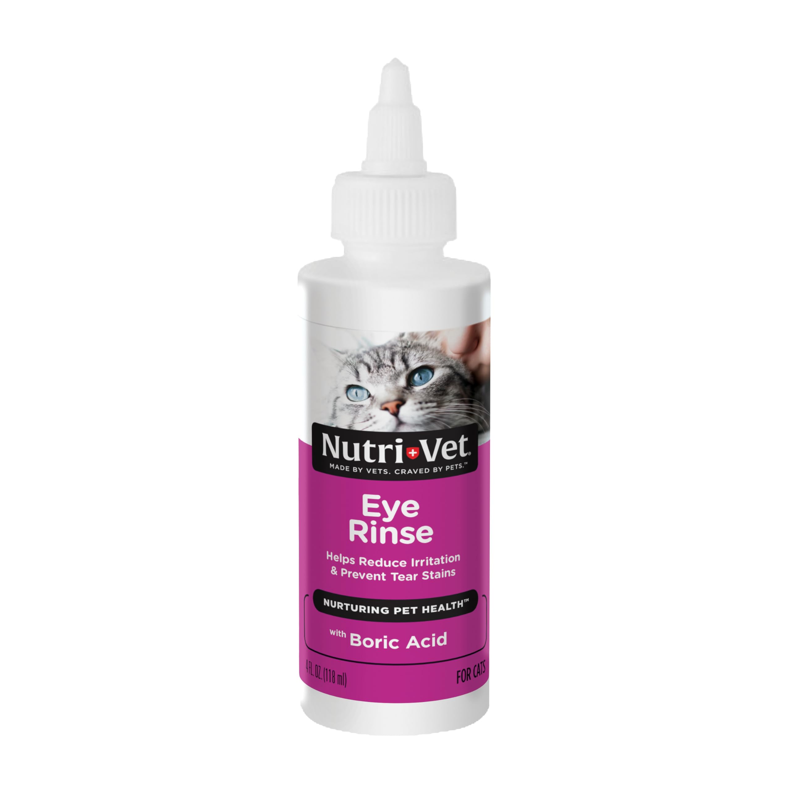 Nutri-Vet Cat Eye Rinse bottle being poured for gentle daily eye care.