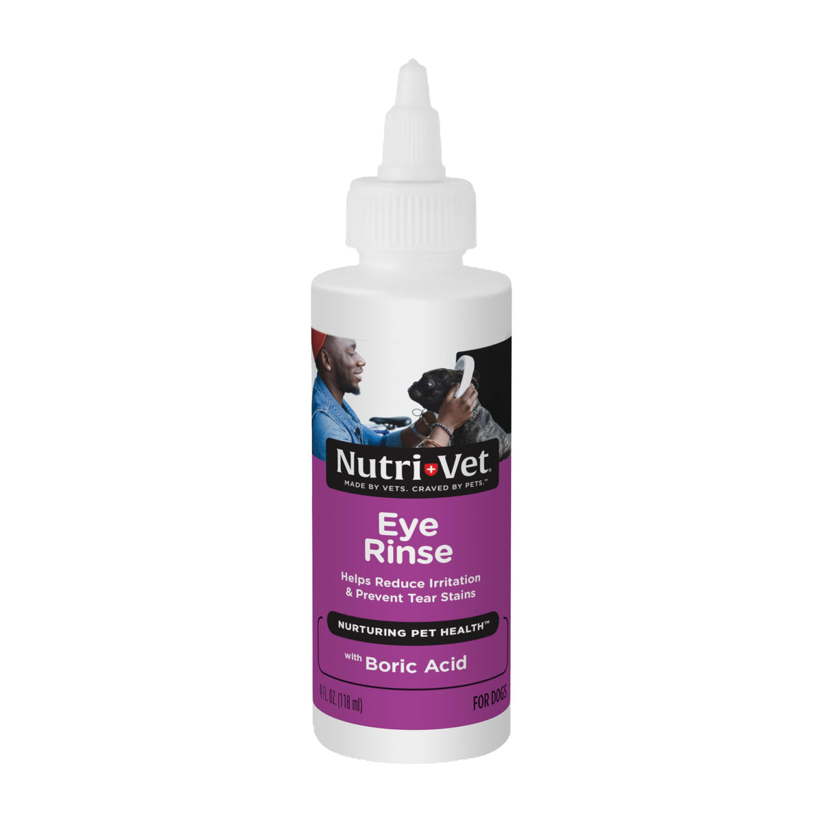 Nutri-Vet Eye Rinse bottle close-up for gentle dog eye cleaning and allergy relief
