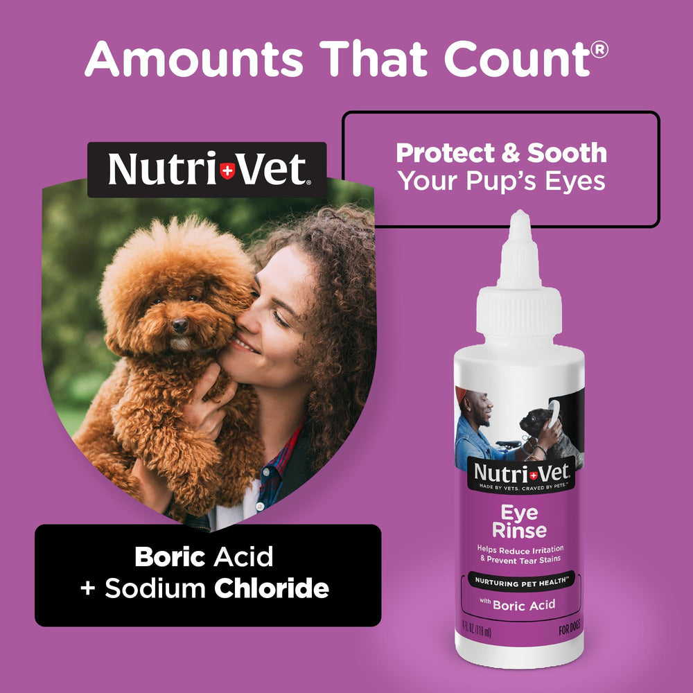 Nutri-Vet Eye Rinse for dogs shown as a safe eye cleaner that helps soothe eyes