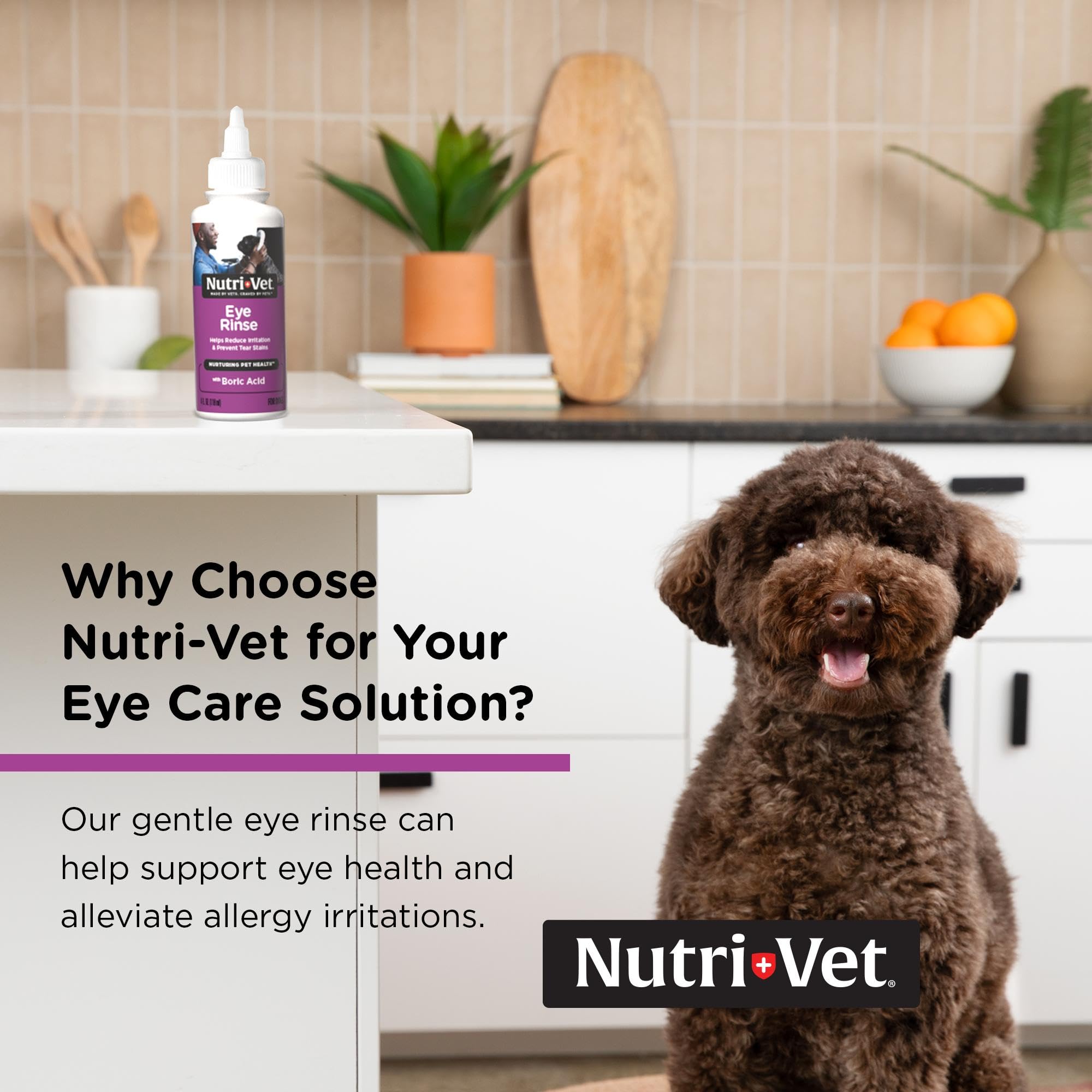 Nutri-Vet Eye Rinse bottle pouring to support eye hygiene during grooming