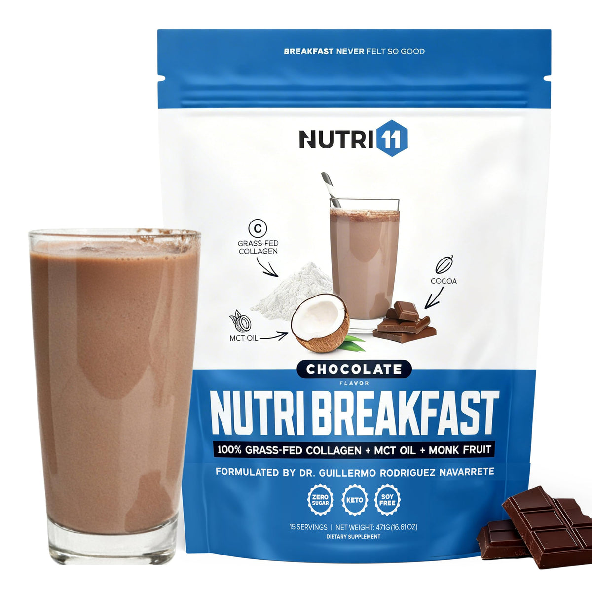 Nutri11 NutriBreakfast pouch on the counter for keto-friendly mornings.