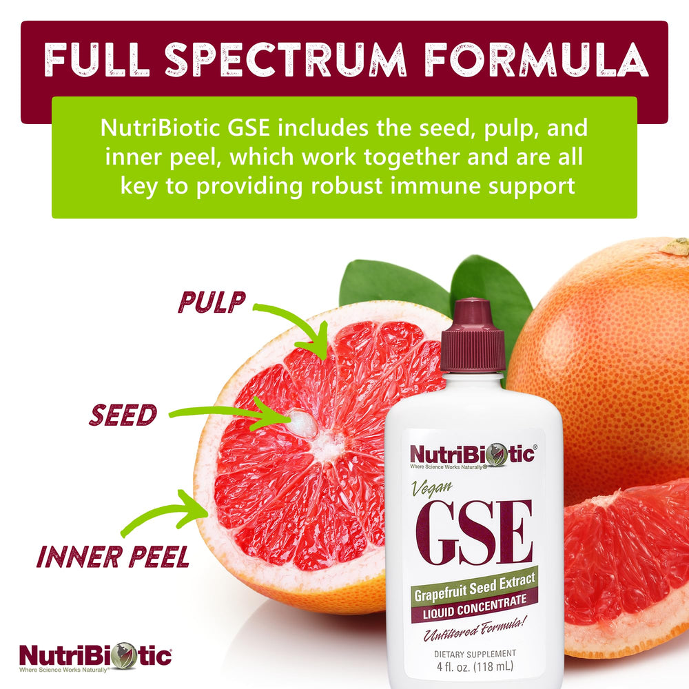 NutriBiotic GSE visual of grapefruit pulp, seeds, and rind for full-spectrum extract