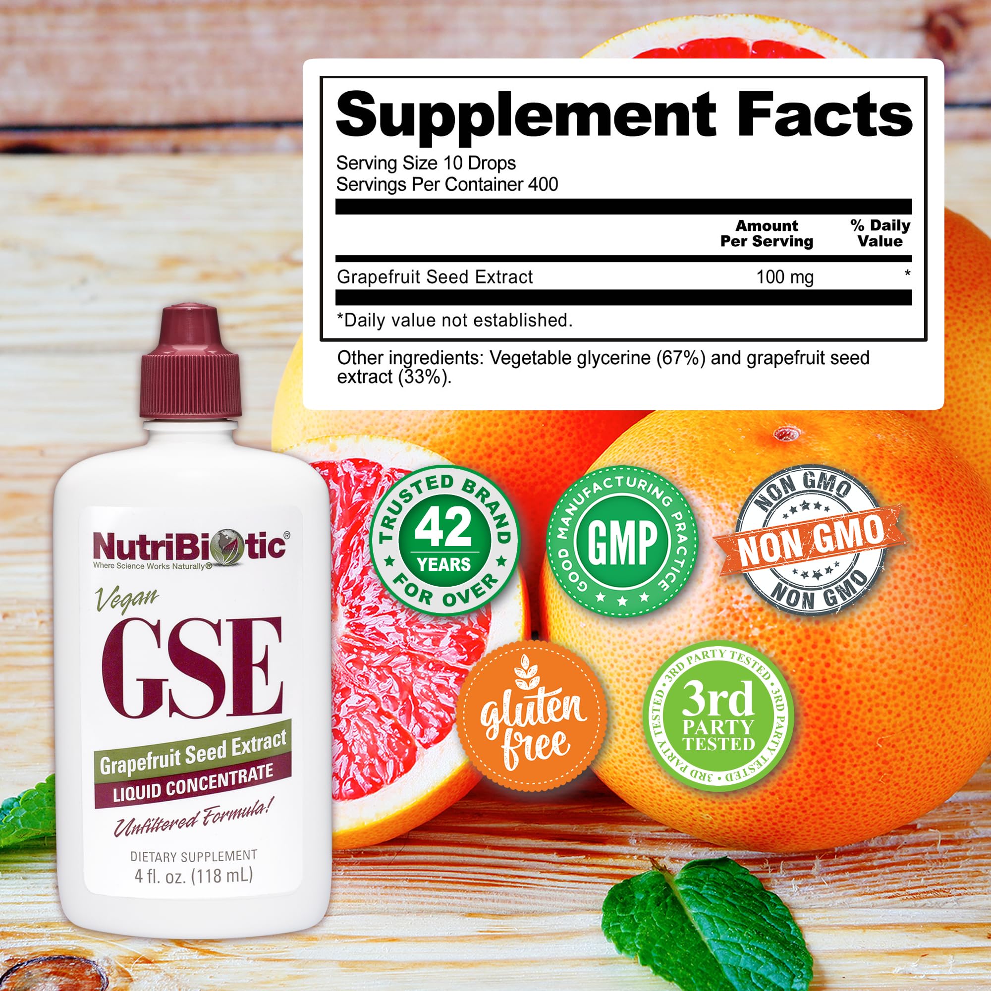 NutriBiotic GSE bottle, USA-made premium concentrate