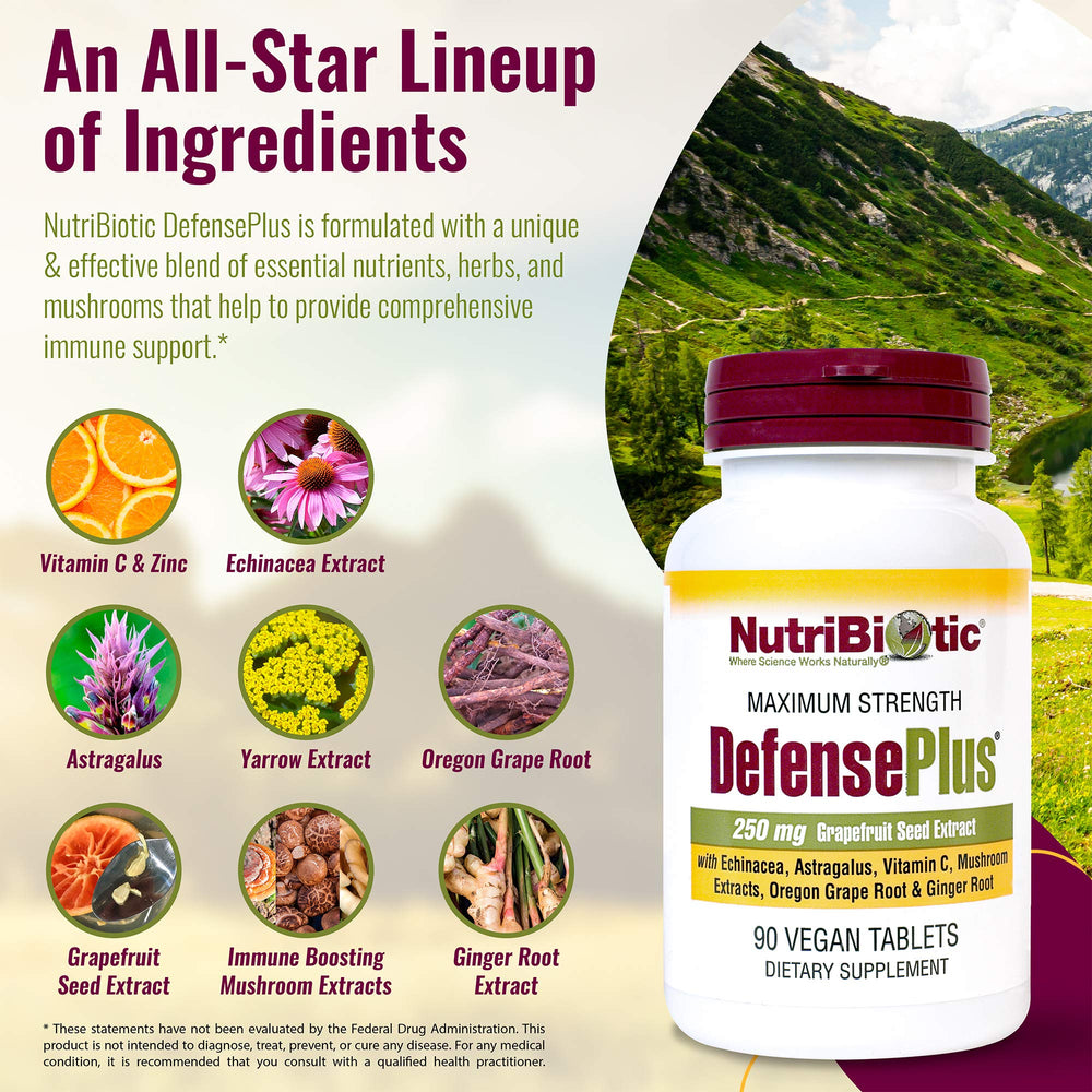 NutriBiotic DefensePlus bottle back highlighting allergen-free formula designed for digestion comfort.