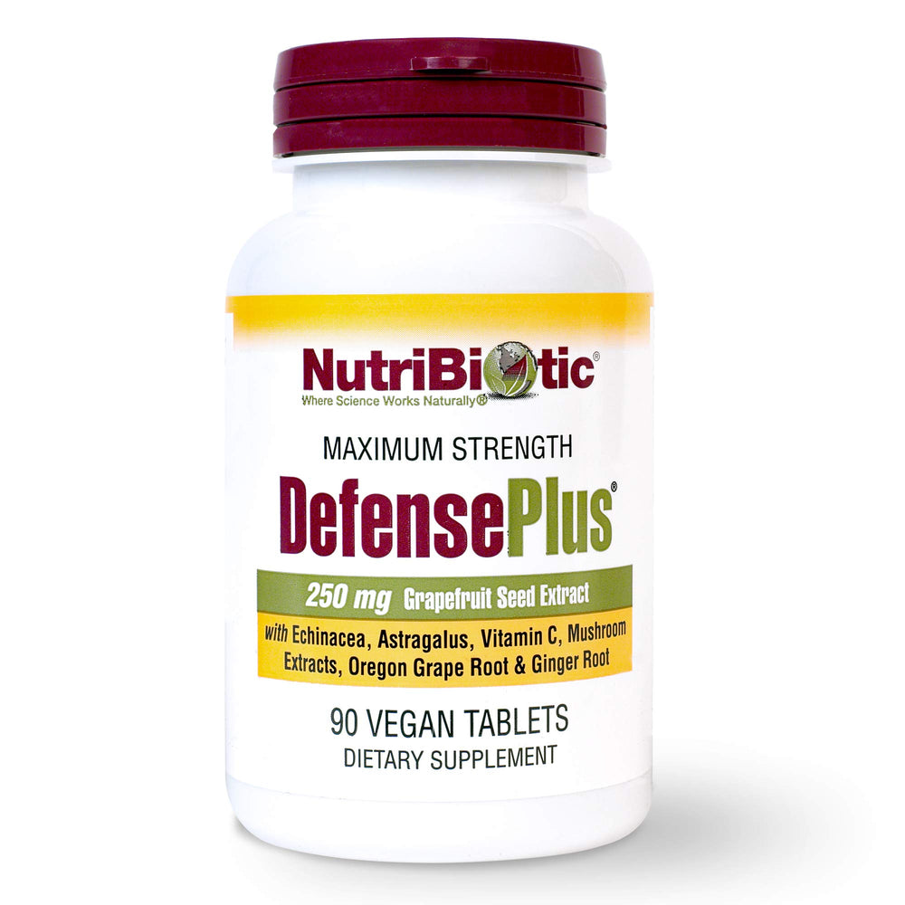 NutriBiotic DefensePlus bottle front showing vegan immune support in a convenient daily tablet form.