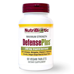 NutriBiotic DefensePlus bottle front showing vegan immune support in a convenient daily tablet form.