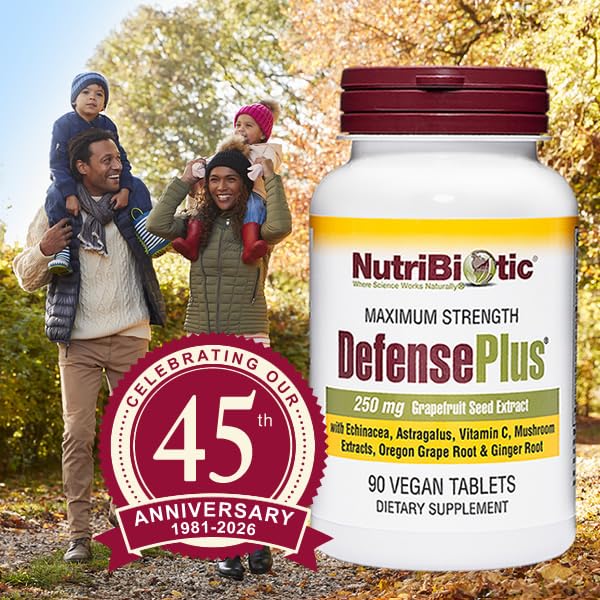 NutriBiotic DefensePlus dosage usage image demonstrates simple, on-the-go daily intake.
